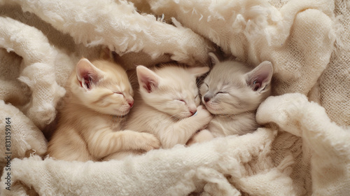 Adorable Kittens Sleeping on Soft Blanket with Copy Space