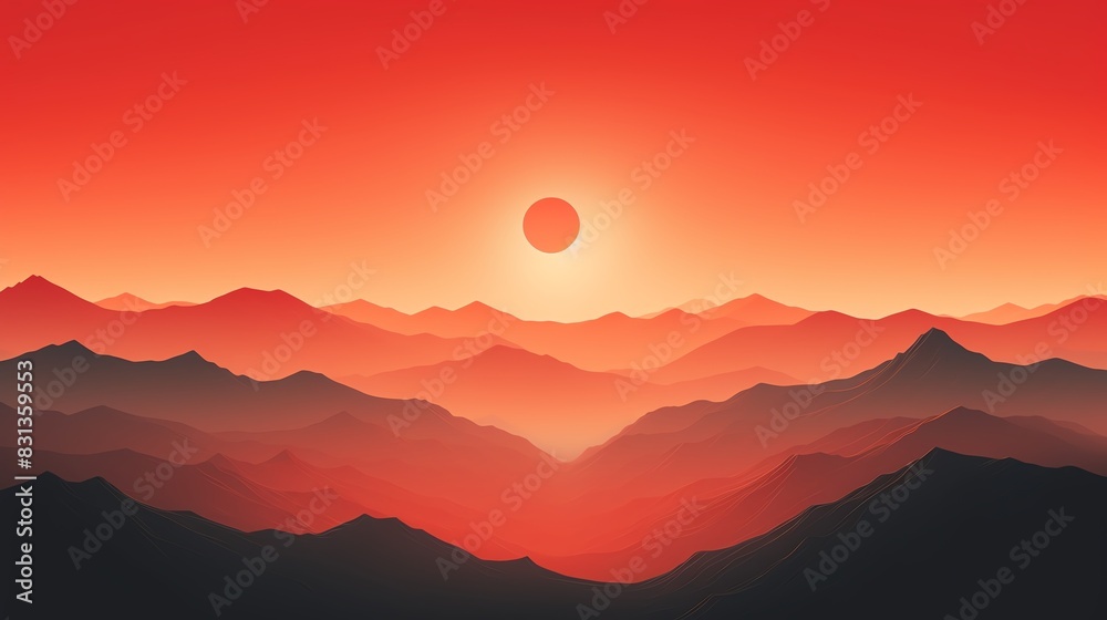 Silhouettes of mountains at sunset with a red sky and sun.