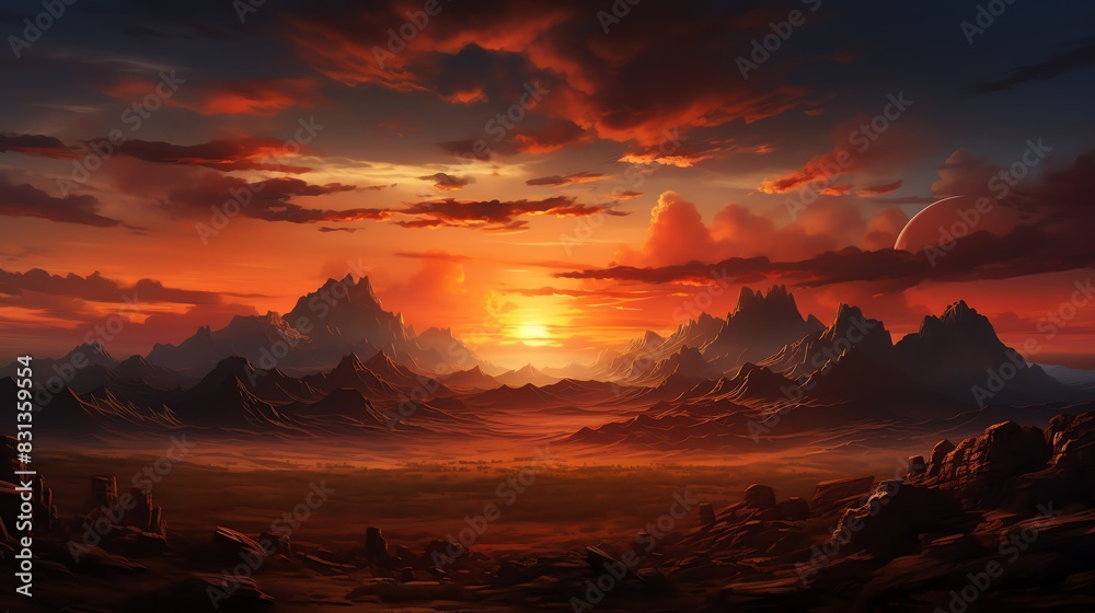 Epic sunset over a mountain range with dramatic clouds and fiery colors.