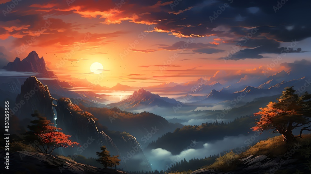 Digital painting of a mountainous sunset scene, focusing on the harmony and balance between the vibrant sky and the subdued landscape