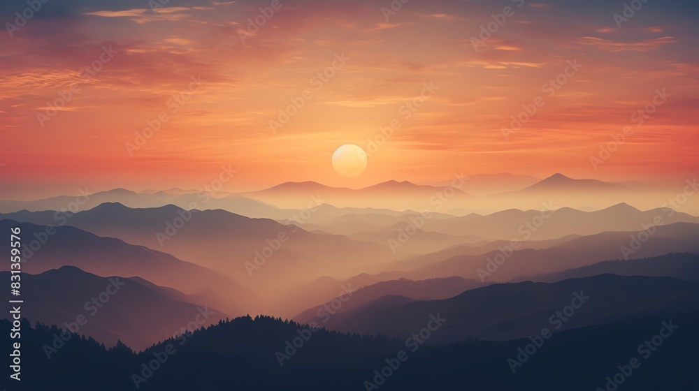 Photography of layered mountain silhouettes against a vibrant sunset sky, capturing the deep oranges and reds fading into dusky blues