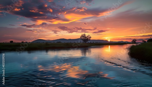 Breathtaking sunset panorama with a meandering river winding through the landscape.