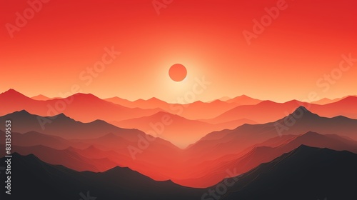 Silhouettes of mountains at sunset with a red sky and sun.