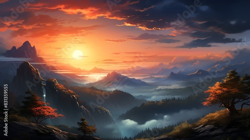 Digital painting of a mountainous sunset scene, focusing on the harmony and balance between the vibrant sky and the subdued landscape