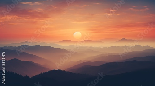 Photography of layered mountain silhouettes against a vibrant sunset sky, capturing the deep oranges and reds fading into dusky blues