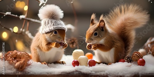 Charming digital art of squirrels in handknitted caps foraging in snowy scene. Concept Digital Art, Squirrels, Handknitted Caps, Snowy Scene, Foraging photo