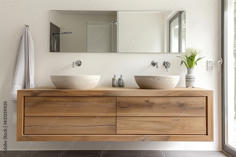 Minimalist bathroom with a floating wooden vanity and frameless mirror. Minimalist bathroom with a floating wooden vanity and frameless mirror.