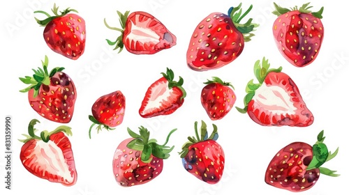 Vibrant watercolor strawberries, full and halved. Fresh berry illustrations. Artistic, juicy strawberries, culinary designs. Red fruit set on white background. Hand-painted picture, ripe for recipe. photo