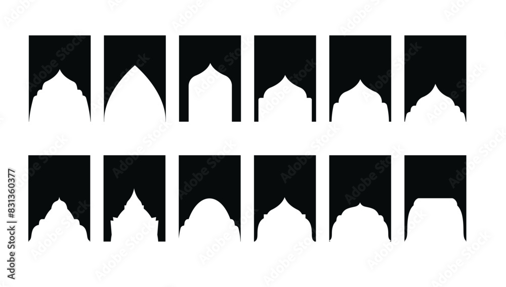 Fototapeta premium Arabic shapes windows and arches traditional ornament. Set of Islamic shape window frame in retro boho color. Vector