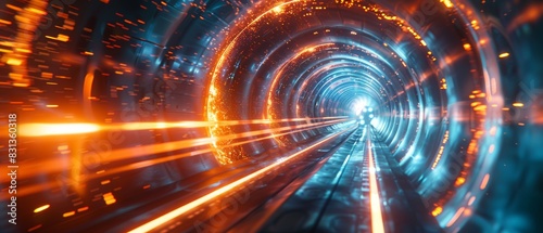 Futuristic birds-eye view of a light-speed travel tunnel, swirling with intense velocity, time warp effects, sleek and shiny surfaces, high-definition CG 3D render, dynamic energy