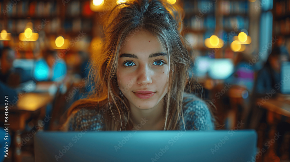 Female Student Working on Computer in Library, Surrounded by Studying Students
