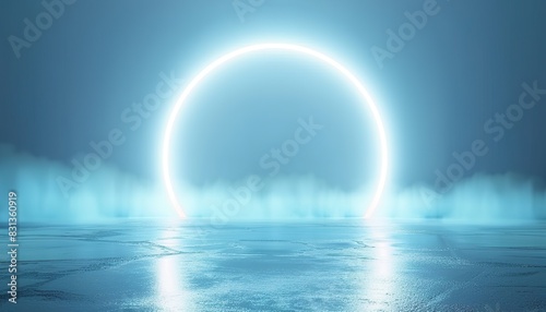 Abstract minimalistic light blue background with a circular neon glow, perfect for product presentation. serene backdrop, modern design, vibrant ambiance