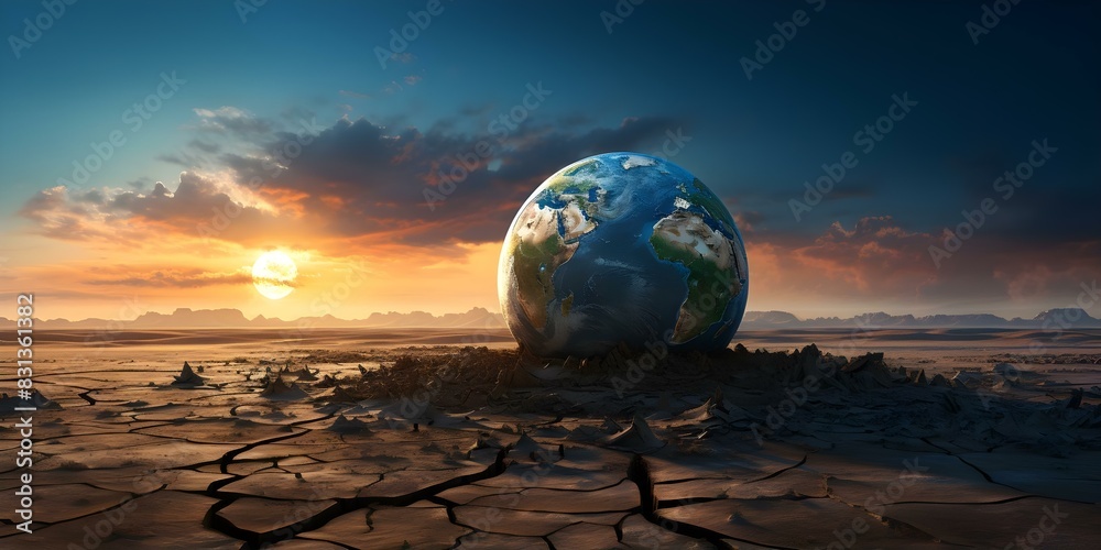 Global warming causes a globe to disappear in a cracked barren land