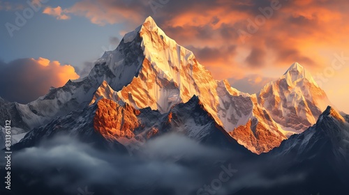 Majestic snow-capped mountain peak bathed in golden sunset light.
