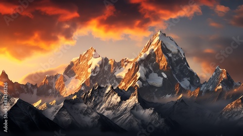 Majestic mountain peaks with snow capped summits under a dramatic fiery sunset sky.