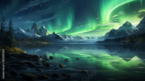 Stunning aurora borealis display over a mountain lake.