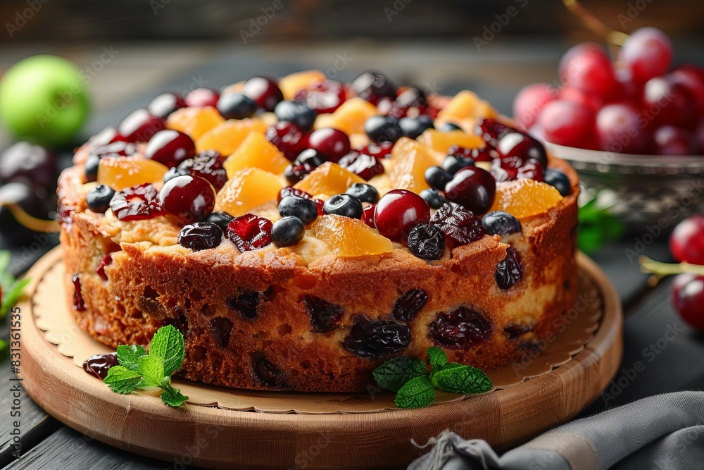 Plate of cake with fruit toppings Plate of cake with fruit toppings