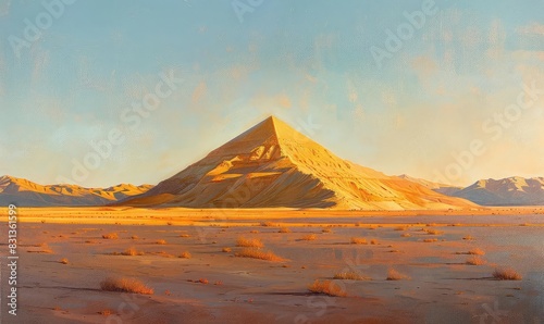 A pyramid at sunset  with the golden light casting long shadows and illuminating the desert landscape  dramatic and serene  oil painting technique 