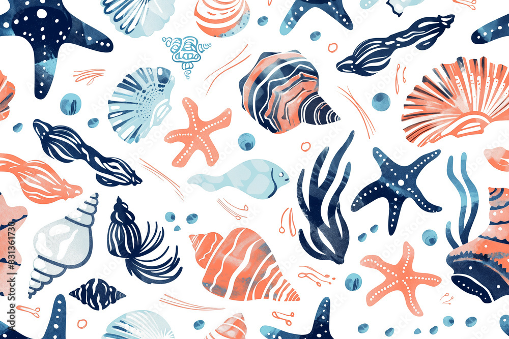 Pattern with seashells, starfishes and other marine elements on white background Pattern with seashells, starfishes and other marine elements on white background