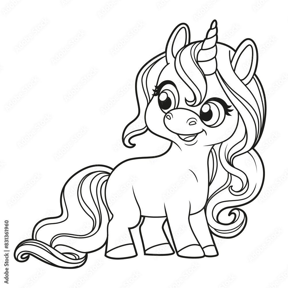 Cute cartoon little unicorn with lush mane outline for coloring on a white background