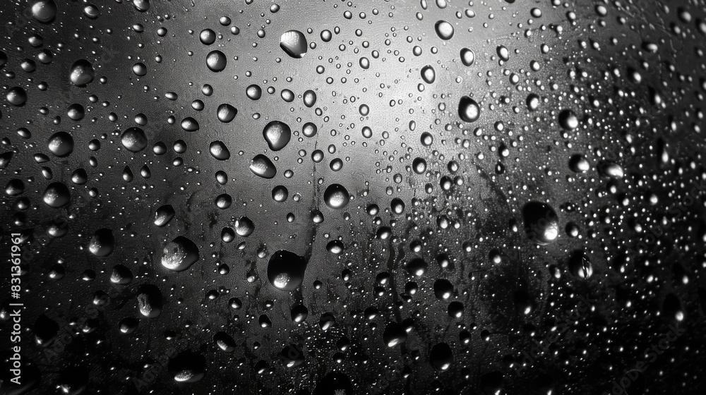 Water drops on a black background. Banner with raindrops on a black surface. Texture