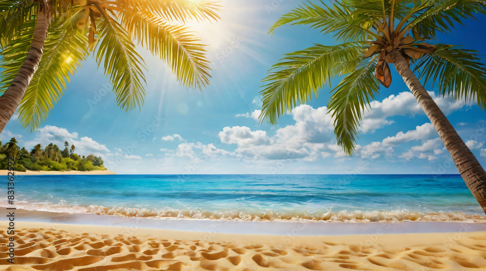 Beautiful beach with a defocused background of sand and palm trees. summer trips.