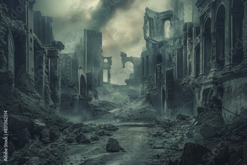Eerie view of desolate city ruins in a postapocalyptic scene under a dusky sky