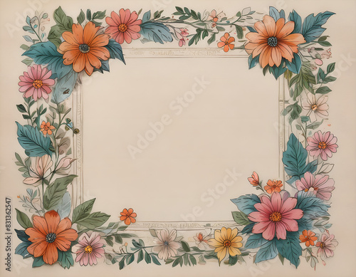 Square frame of drawn flowers, watercolor floral, aged paper