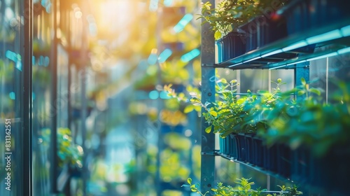 A row of green plants are displayed in blue containers photo