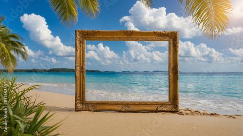 Beautiful beach with a defocused background of sand and palm trees with a painting frame. summer trips.