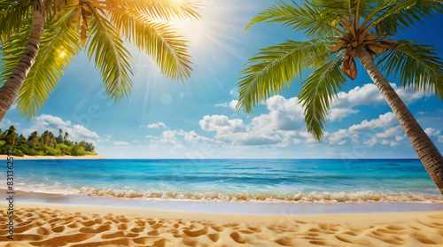 Beautiful beach with a defocused background of sand and palm trees. summer trips.