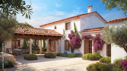 A picturesque Mediterranean-style villa with terracotta roof tiles, white stucco walls, and a lush courtyard filled with vibrant bougainvillea and olive trees. 32k, full ultra hd, high resolution © Mustafa