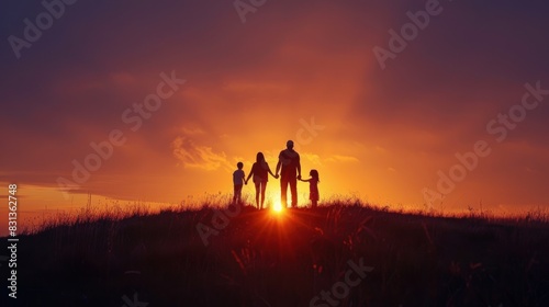 Silhouetted family of four standing on a hill at sunset The warm glow of the setting sun creates a beautiful backdrop for the family s silhouettes The parents hold hands with their two children 
