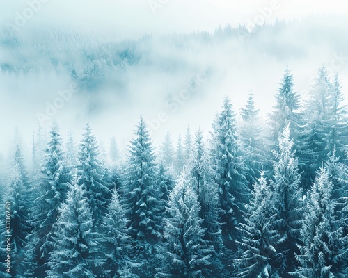 Snowcovered forest with towering pine trees under a soft winter sky, creating a serene and tranquil wallpaper scene