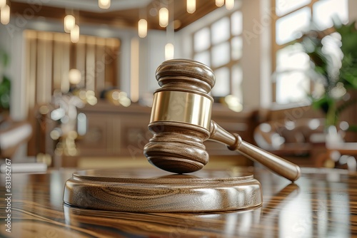 Wooden gavel on table in courtroom photo