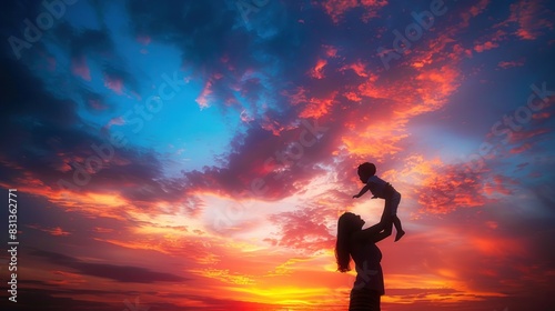 Silhouetted parents lifting their child into the air against a vibrant sunset sky The colorful hues of dusk create a dramatic and heartwarming backdrop The child's joyful expression and the parents' photo
