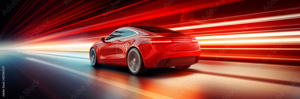 red car driving in motion, red car on high speed . red car rushing along a high-speed highway.banner red car driving in motion, red car on high speed . red car rushing along a high-speed highway.banner