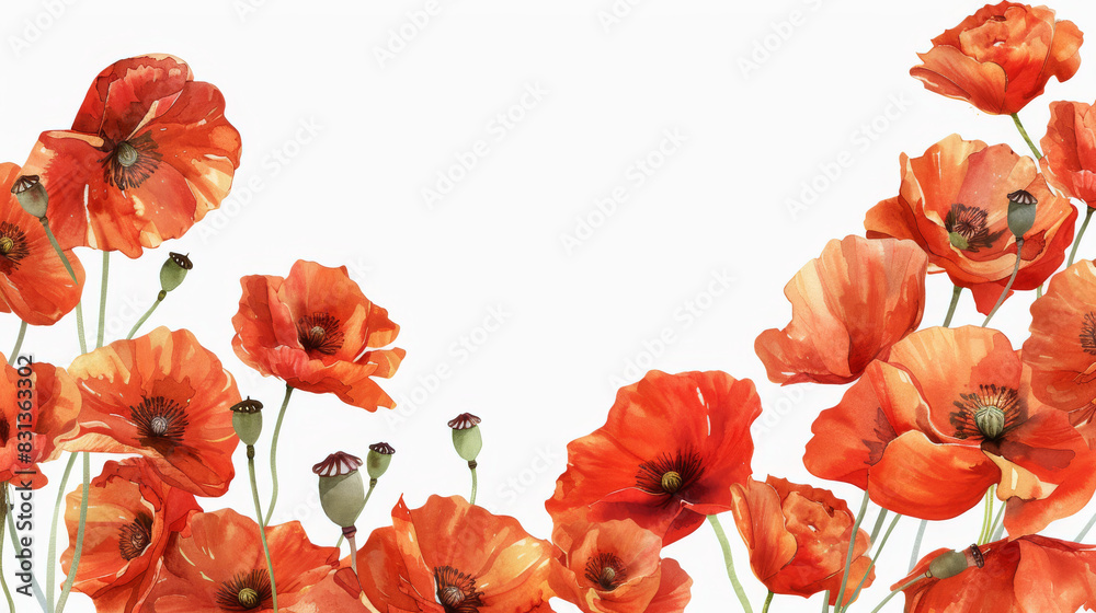 Fototapeta premium A watercolor painting of a field of red poppy flowers as a border frame on white background