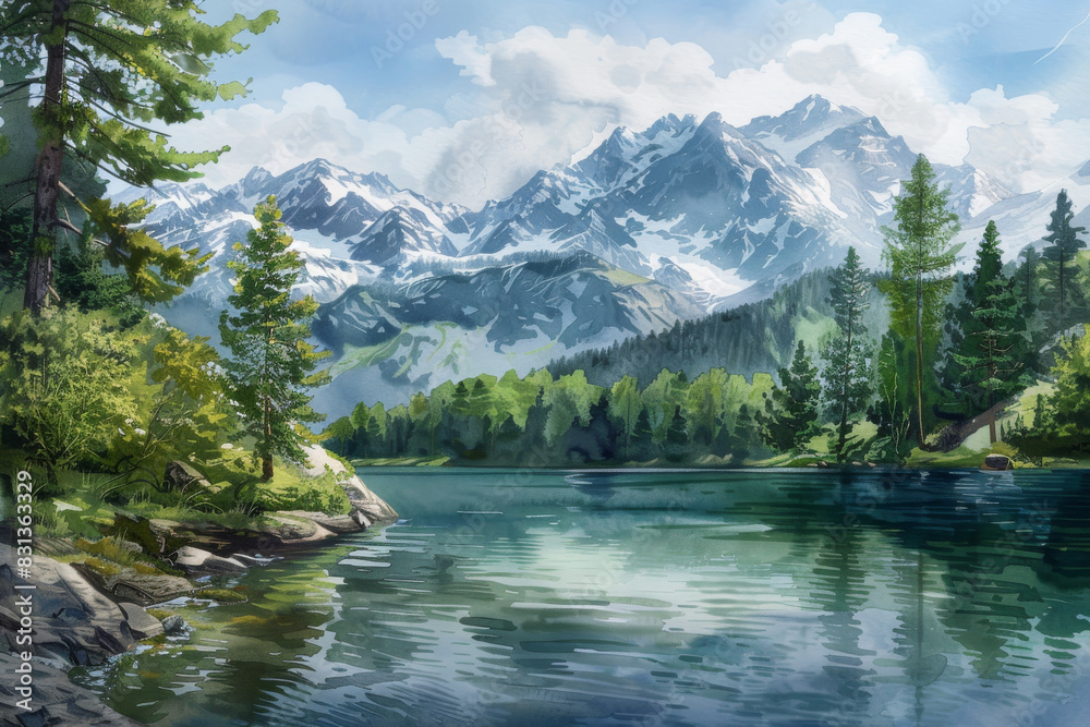A painting of a mountain lake with a snowy mountain in the background A painting of a mountain lake with a snowy mountain in the background