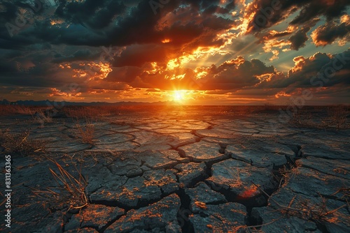 Sunset over cracked ground photo