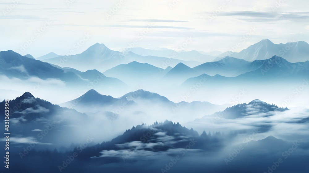 Serene mountain landscape with mist and fog creating a dreamy atmosphere. Serene mountain landscape with mist and fog creating a dreamy atmosphere.