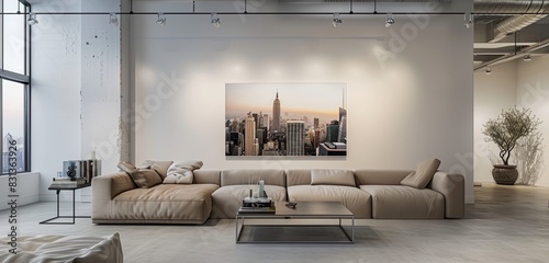 chic urban living room with minimalist furniture photo