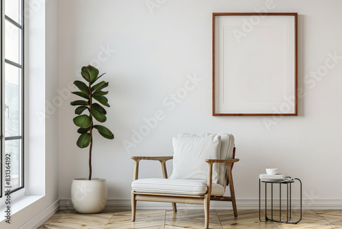 empty picture frame mockup on white wall in minimalist interior design. modern armchair with white cushions, potted plant, large window. contemporary home decor, furniture design, interior styling