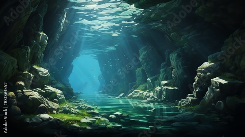 Sunbeams illuminate an underwater cave  revealing a world of mystery and beauty.