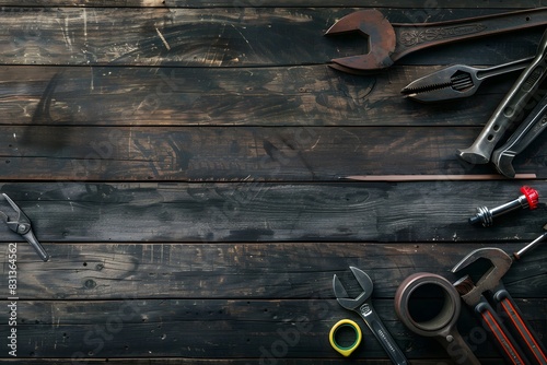 Tools on Wooden Background with Copy Space, Top View