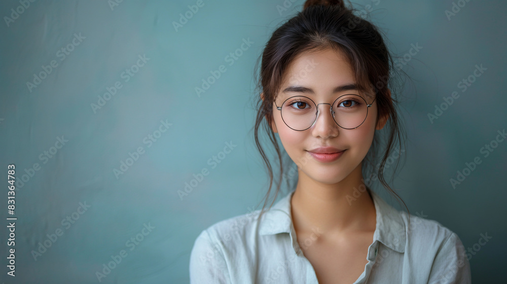 Confident young Asian woman with glasses and a bun in a light blouse Confident young Asian woman with glasses and a bun in a light blouse