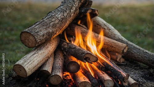 A robust campfire with flames rising high, set outdoors among logs. The fire provides a warm and inviting glow in the natural surroundings. © Tom
