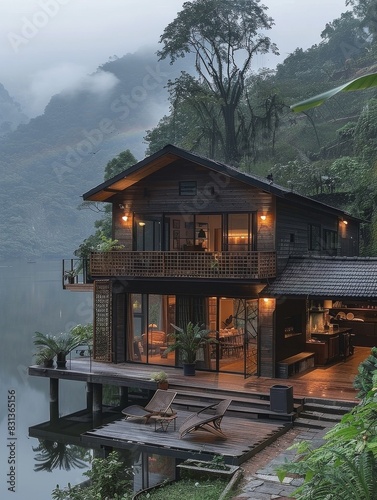 A cabin is situated on a lake with a rainbow in the sky