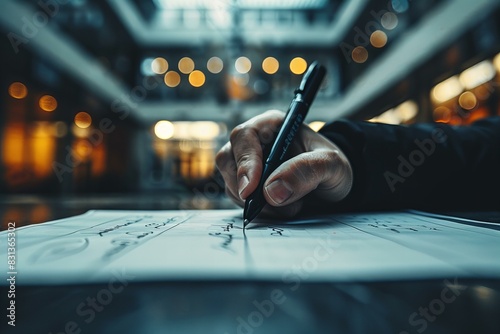 Person writing on paper with pen photo