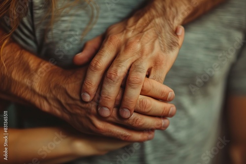 Woman grasping man's hand tightly photo